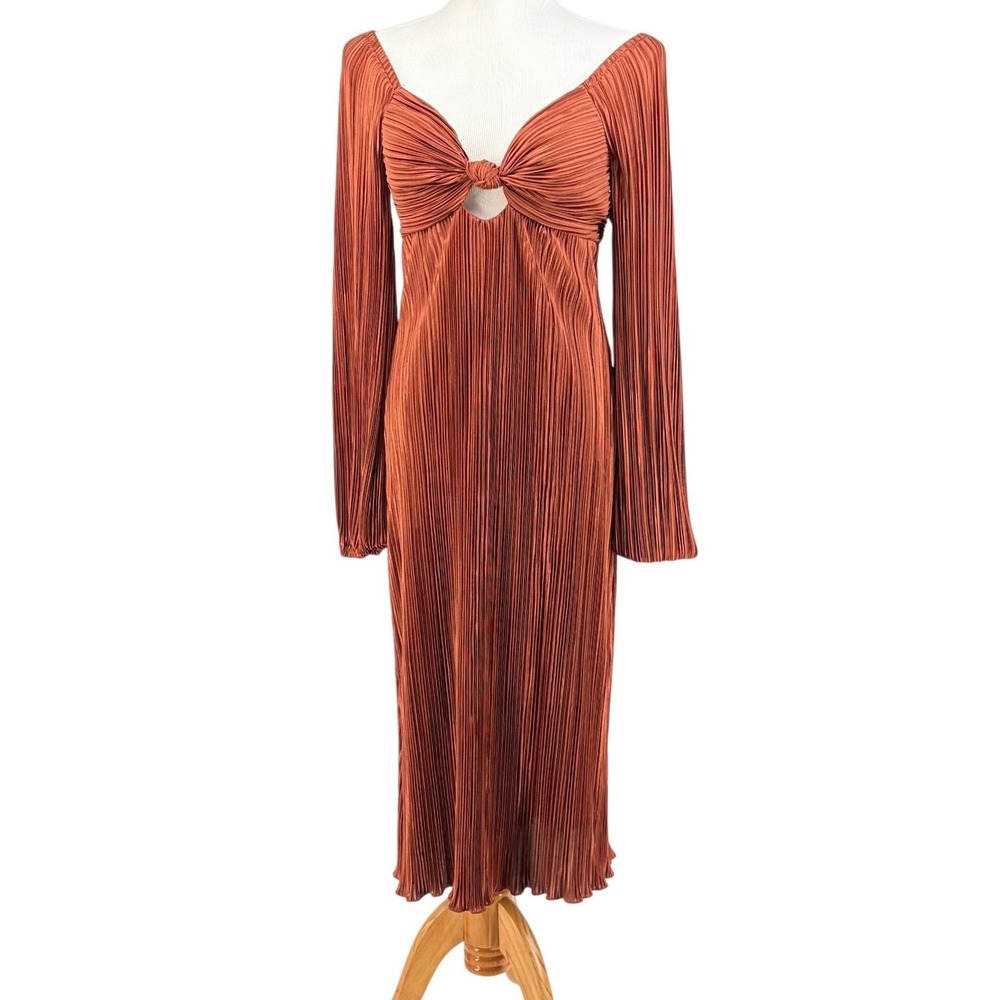 Gilli Midi Dress Cut Out Knot Front Rich Rust Medium Pleats Flirty Feminine Chic